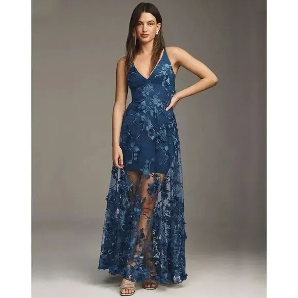 dress the population sidney v-neck a-line lace floral appliqué gown A-Line Floral Lace Appliques V-Neck Long Wedding Dress Custom Color / US 16